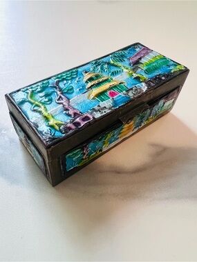 Vintage Early 1900s Enamel and Brass Scenic Chinese Export Stamp Box Trinket Box